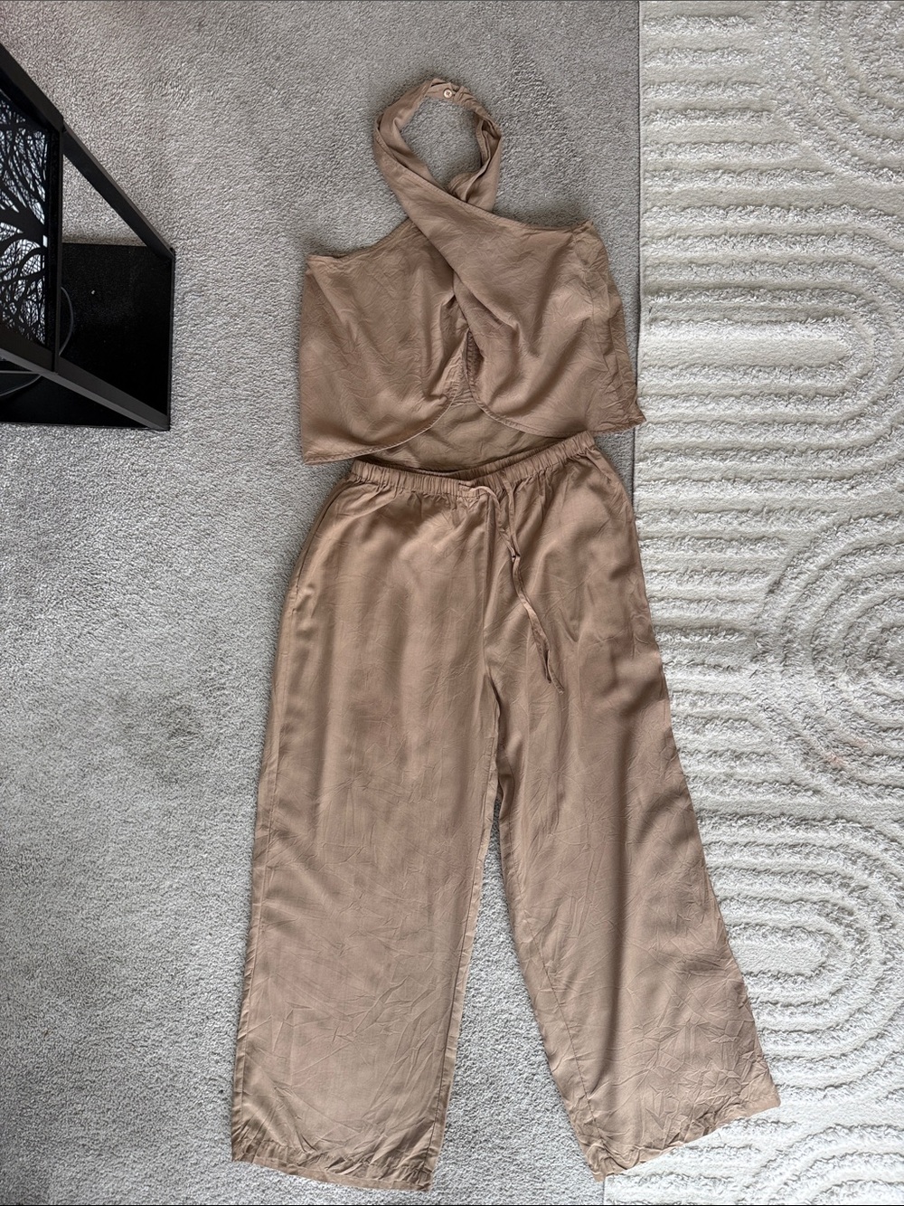 Commense Taupe Wide-Leg Halter Jumpsuit